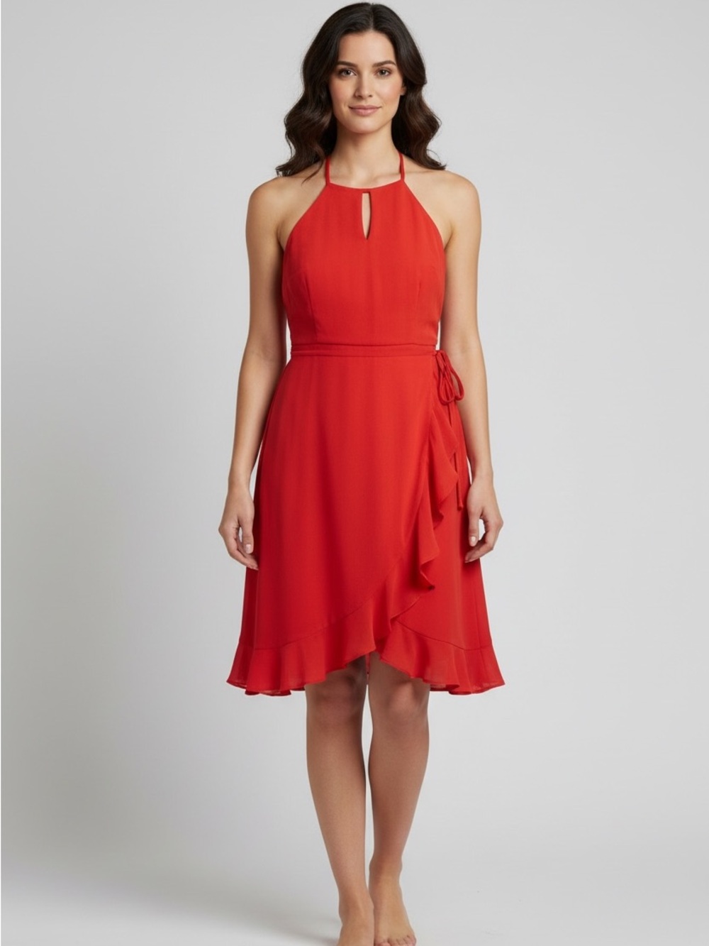 Deep Rust Orange Vintage Forever 21 Halter Neck Mock Wrap Dress w/Ruffle Trim L